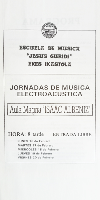 Cartel I JORNADAS DE MÚSICA ELECTROACÚSTICA